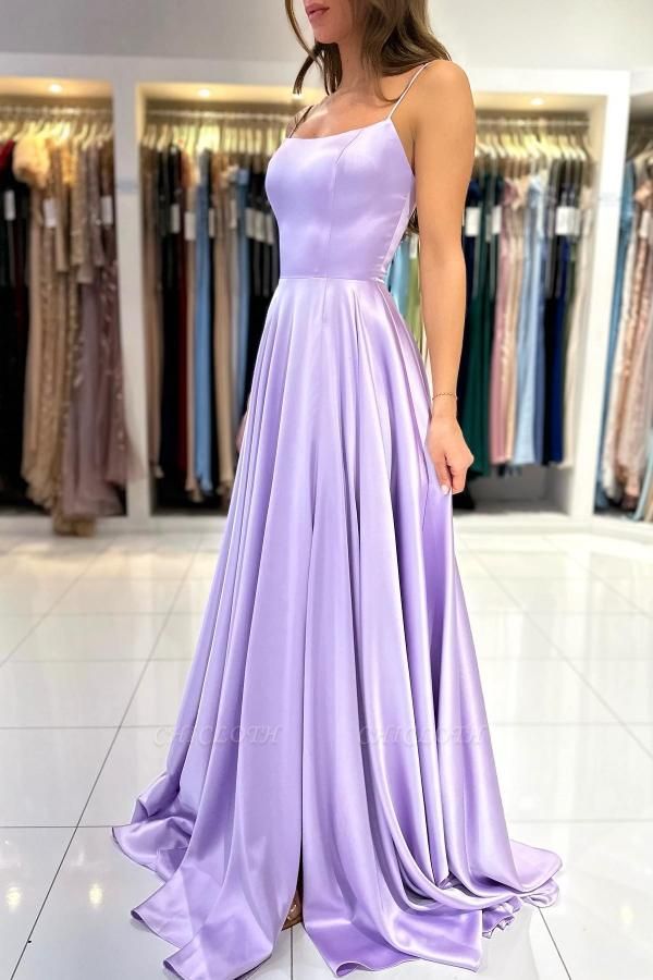 Lilac Spaghetti Straps A-Line Satin Prom Dress with Ruffles
