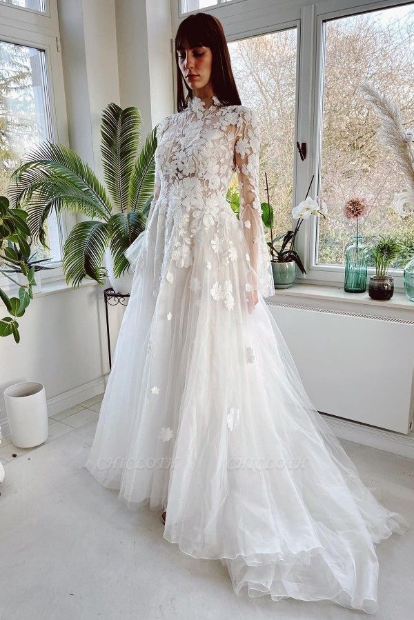 Elegant highneck longsleeves aline lace wedding dress
