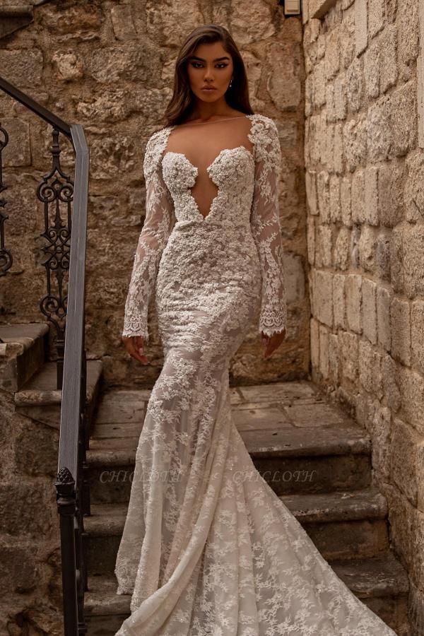 Elegant sweetheart longsleeves mermaid lace Wedding dresses