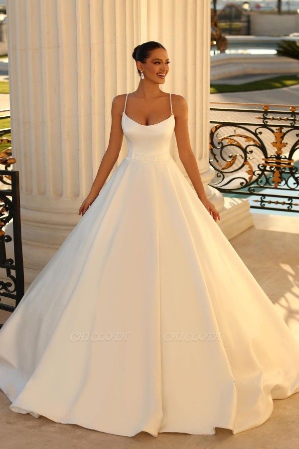 Simple spaghettistraps sleeveless ballgown satin wedding dress