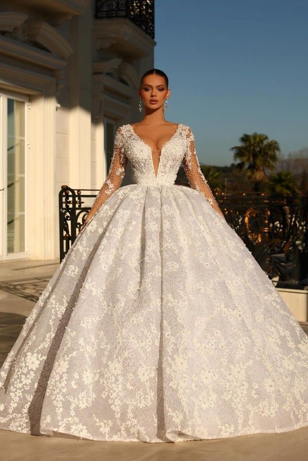 Princess vneck longsleeves ballgown lace wedding dress beading
