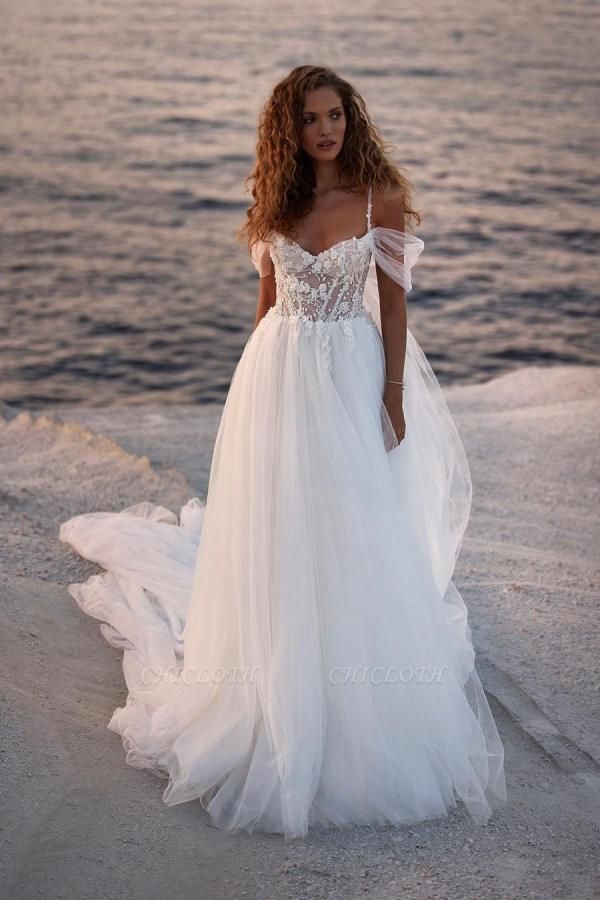 Romantic spaghettistraps capsleeves aline lace Wedding dresses