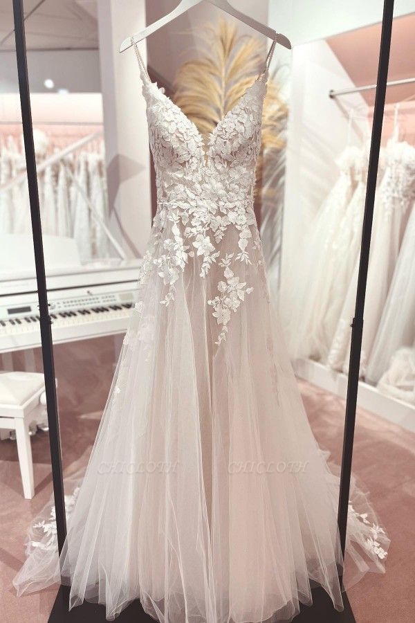 Classic spaghettistraps sleeveless aline lace Wedding dresses