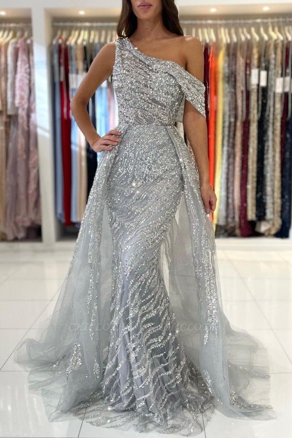 Noble oneshoulder sleeveless mermaid lace prom dress sequied