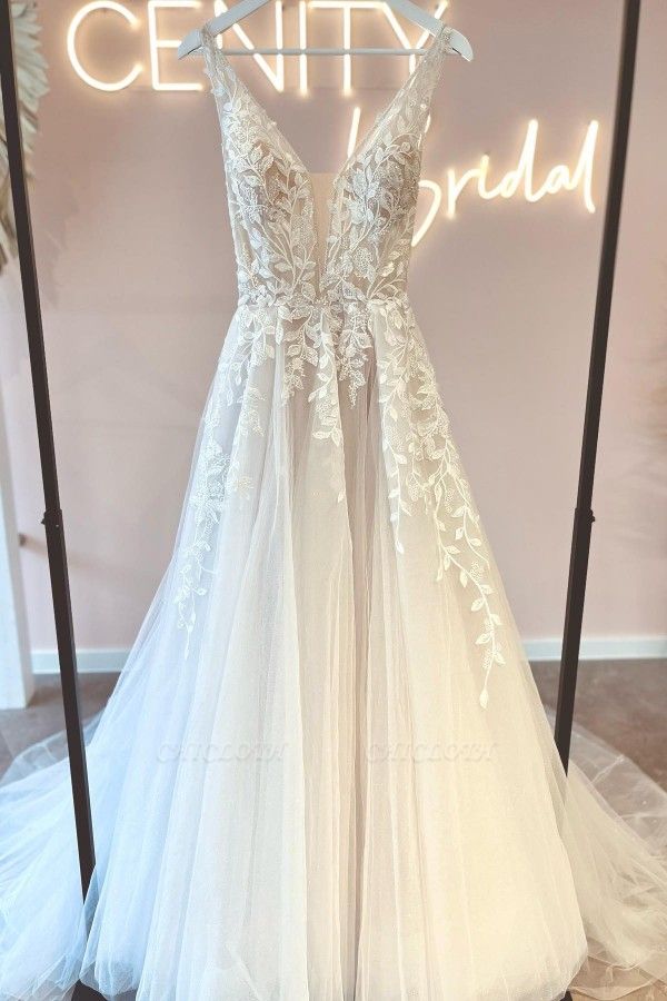 Simple vneck sleeveless aline lace Wedding dresses