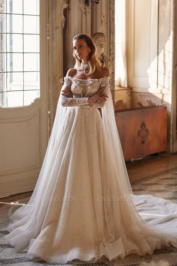 Luxury bateau longsleeves aline lace Wedding Dresses beading