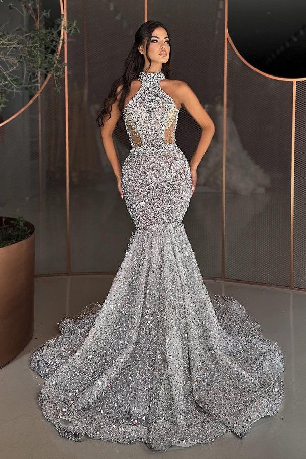 Luxury highneck sleeveless mermaid sequined prom dresses rhinestones