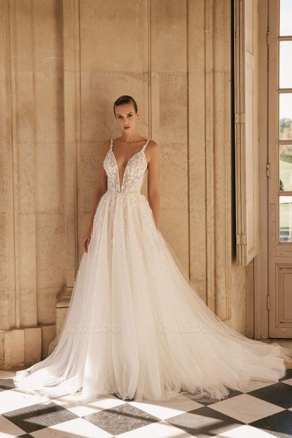 Elegant spaghettistraps sleeveless aline lace Wedding Dresses