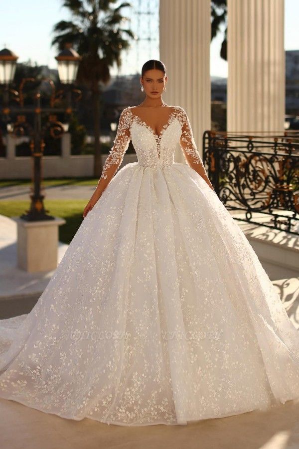 Noble sweetheart 3/4lengthsleeves ballgown lace wedding dress rhinestones