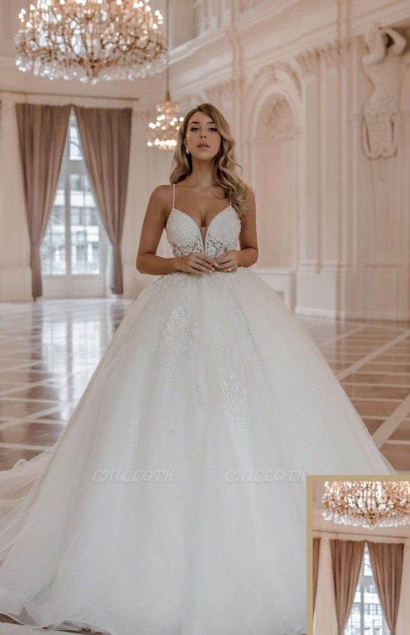 Luxury spaghettistraps sleeveless ballgown lace Wedding dress