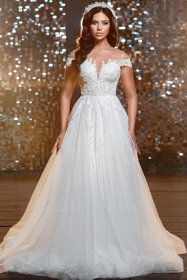Elegant jewel capsleeves aline lace Wedding  dress