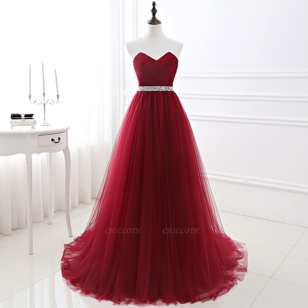Women's Strapless Soft Tulle Dark Red Prom Dress