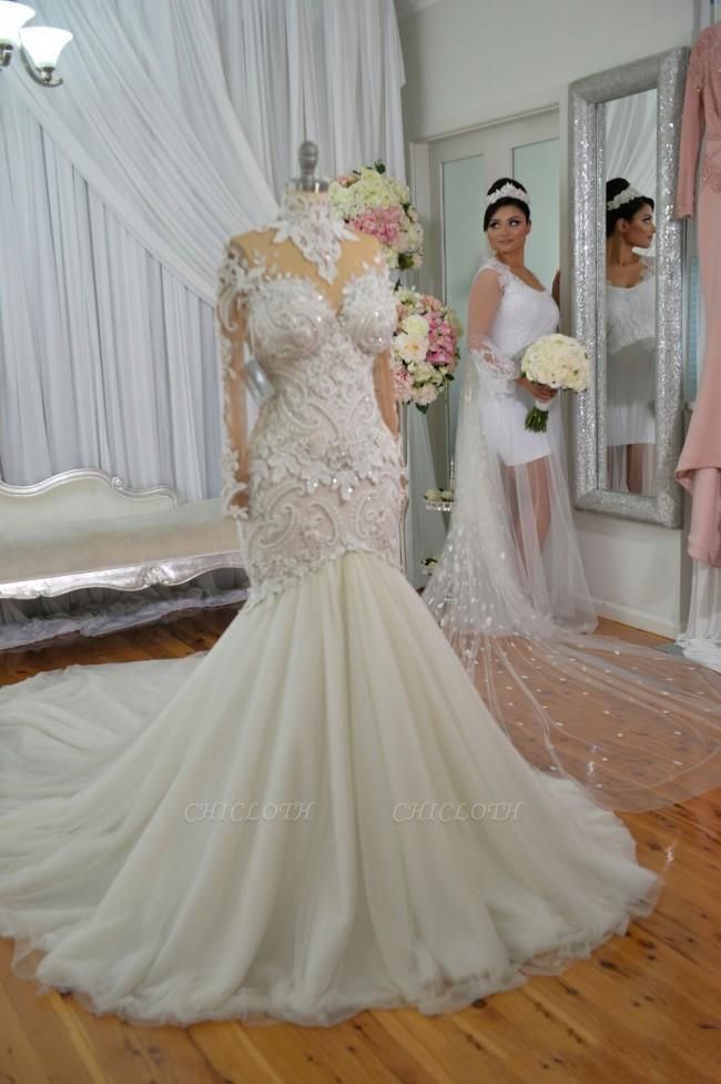 Exquisite Long Sleeves High Collar Mermaid Court Train Wedding Dresses with Appliques
