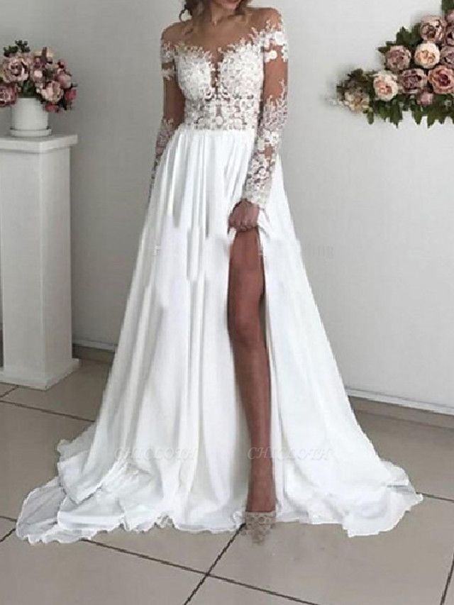A-Line Wedding Dresses Off Shoulder Sweep \ Brush Train Chiffon Taffeta Stretch Satin Long Sleeve Country Sexy Plus Size