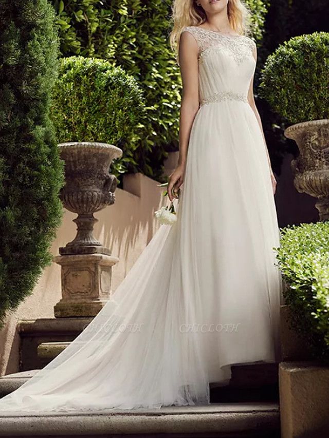 A-Line Wedding Dresses Jewel Neck Court Train Tulle Polyester Sleeveless Country Plus Size