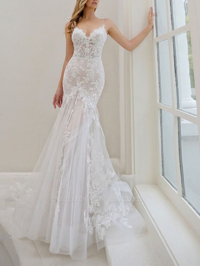 Mermaid \ Trumpet Wedding Dresses Spaghetti Strap Sweep \ Brush Train Lace Tulle Sleeveless Sexy See-Through Backless