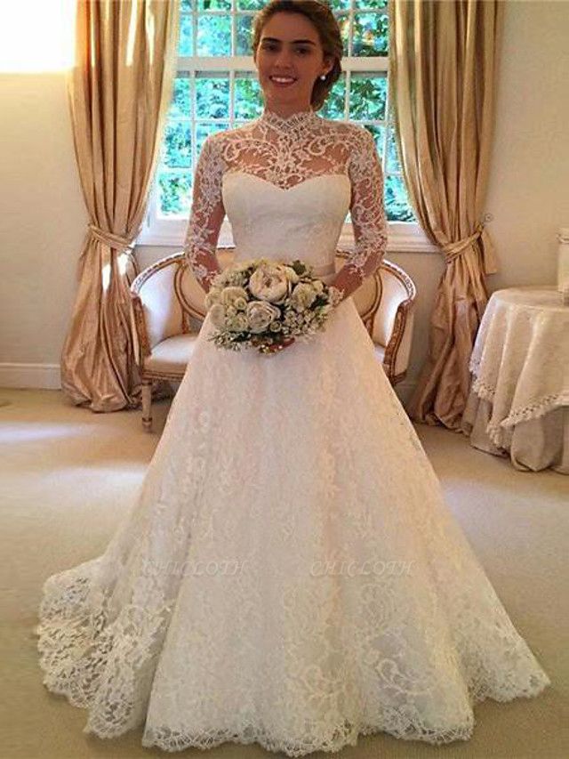 A-Line High Neck Sweep \ Brush Train Lace 3\4 Length Sleeve Lace Illusion Sleeve Wedding Dresses