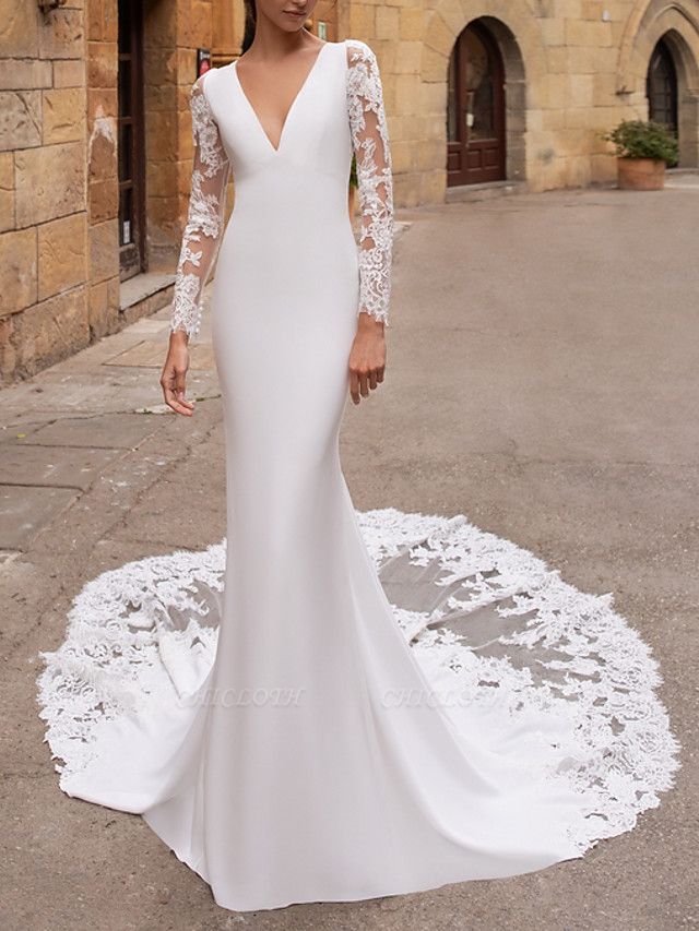 Mermaid \ Trumpet V Neck Court Train Lace Stretch Satin Long Sleeve Plus Size Illusion Sleeve Wedding Dresses