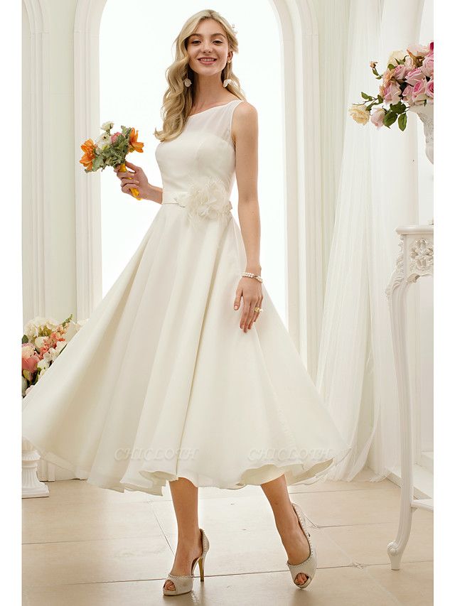 A-Line Wedding Dresses Bateau Neck Tea Length Chiffon Regular Straps Vintage Little White Dress 1950s