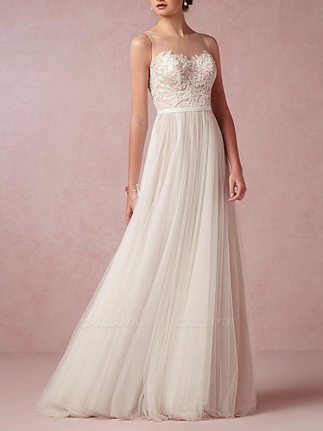 A-Line Wedding Dresses Jewel Neck Sweep \ Brush Train Lace Tulle Sleeveless Beach Sexy See-Through Backless