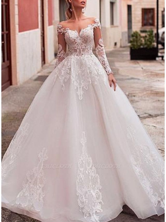 A-Line V Neck Court Train Lace Organza Long Sleeve Romantic See-Through Backless Illusion Sleeve Wedding Dresses