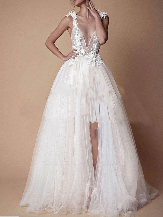 A-Line Wedding Dresses V Neck Floor Length Lace Tulle Cap Sleeve Formal Boho Plus Size