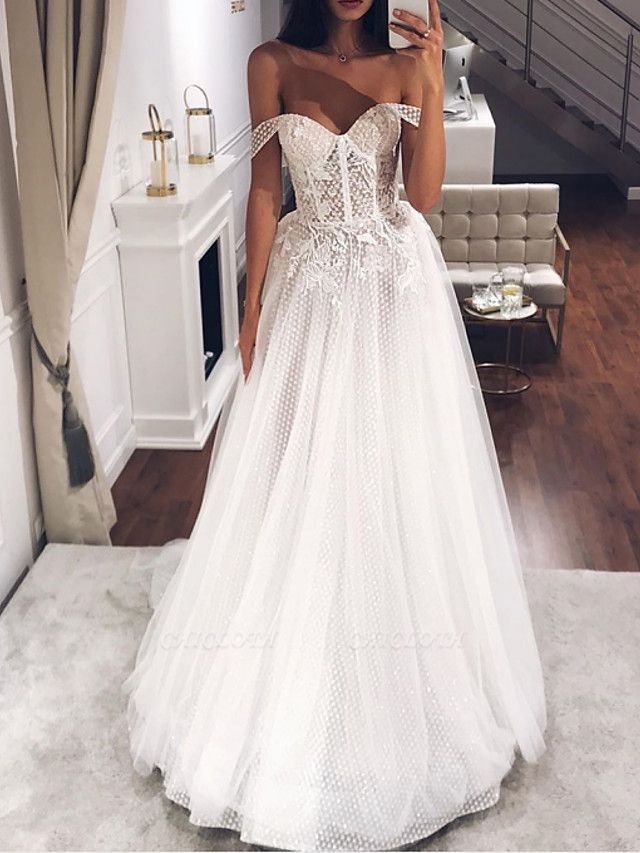 A-Line Off Shoulder Sweep \ Brush Train Tulle Short Sleeve Country Plus Size Wedding Dresses