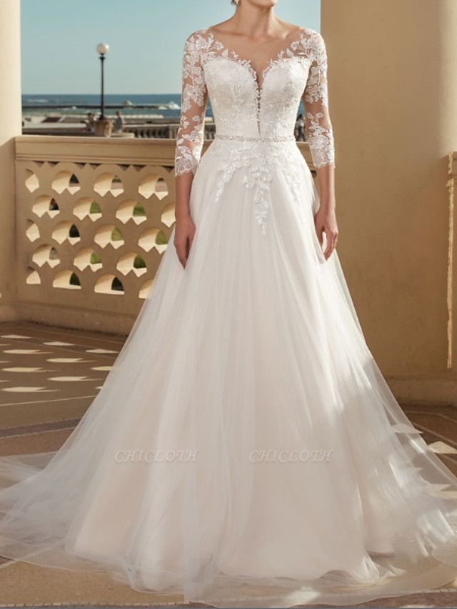 A-Line Wedding Dresses V Neck Sweep \ Brush Train Lace Tulle 3\4 Length Sleeve Country Plus Size