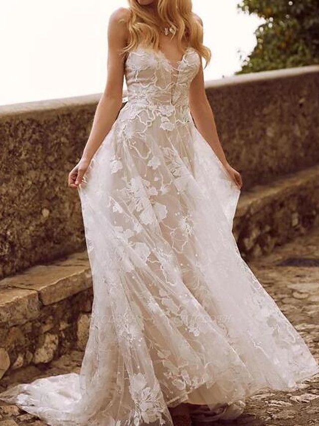 A-Line Wedding Dresses V Neck Sweep \ Brush Train Lace Tulle Sleeveless Country Sexy See-Through