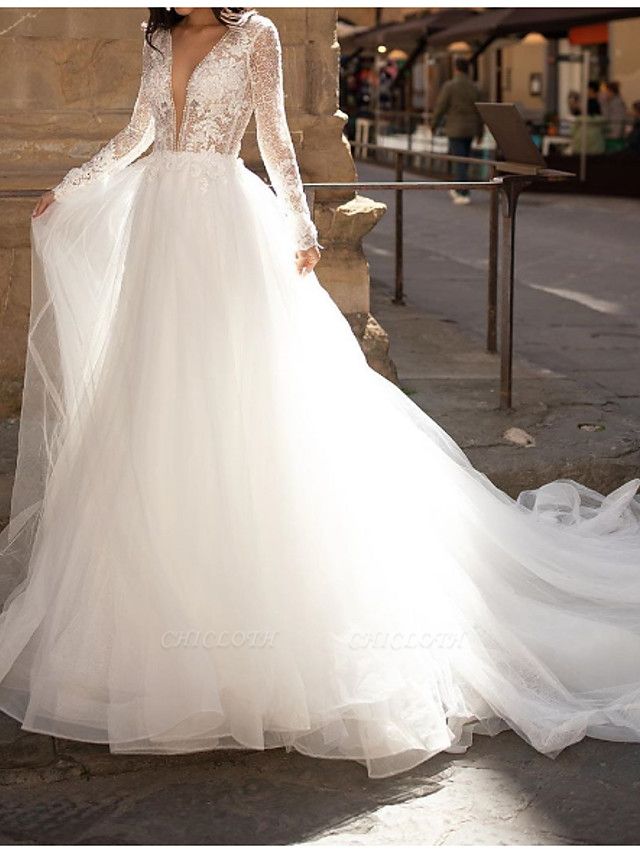A-Line Wedding Dresses Plunging Neck Court Train Lace Tulle Long Sleeve Country Plus Size