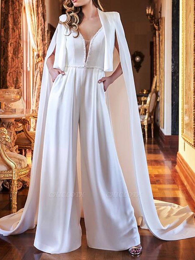 Two Piece Jumpsuits Wedding Dresses V Neck Sweep \ Brush Train Polyester Sleeveless Country Plus Size