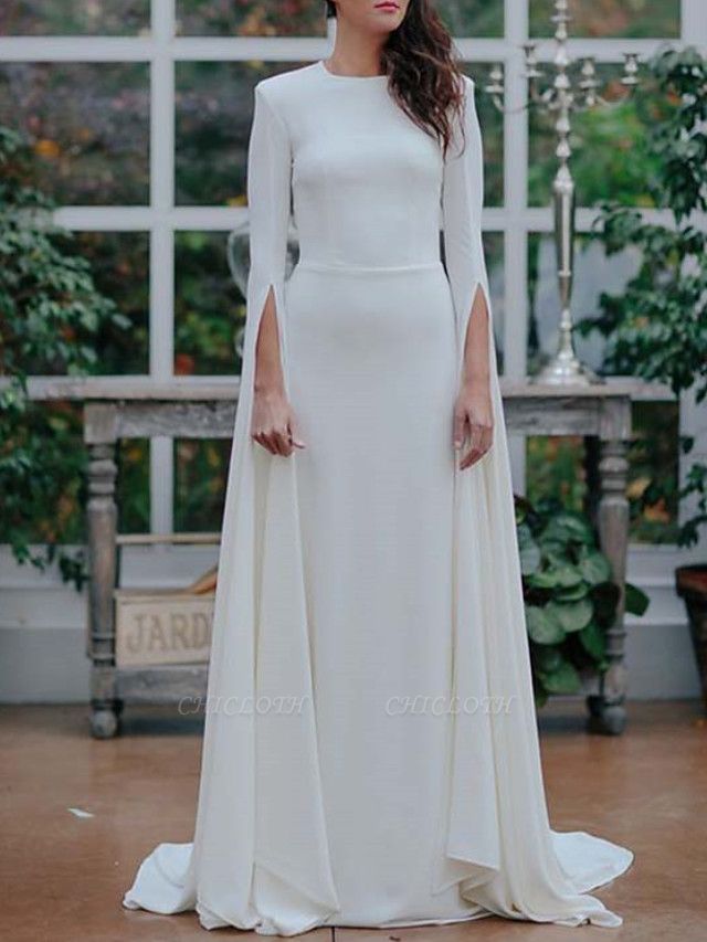 A-Line Wedding Dresses Jewel Neck Sweep \ Brush Train Satin Long Sleeve Formal Plus Size