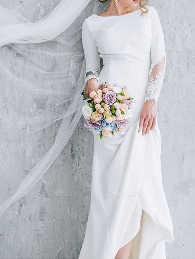 A-Line Wedding Dresses Jewel Neck Court Train Polyester Long Sleeve Formal Plus Size