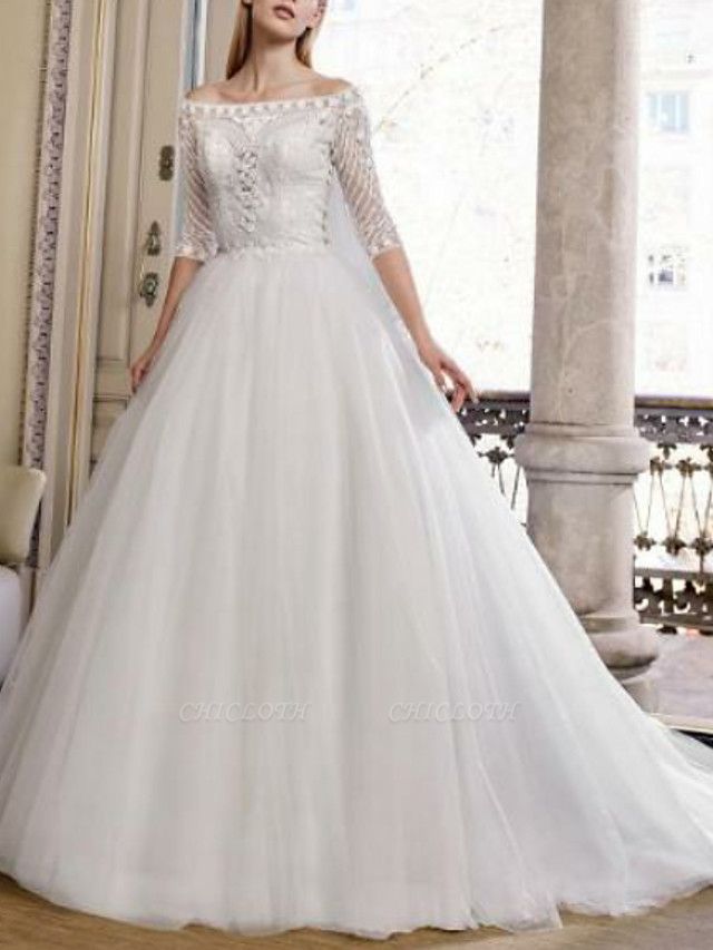 Ball Gown Wedding Dresses Off Shoulder Sweep \ Brush Train Tulle Half Sleeve Plus Size Illusion Sleeve