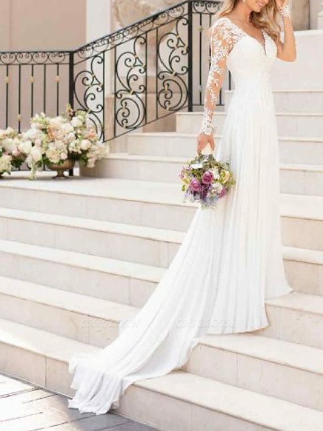 A-Line Wedding Dresses V Neck Sweep \ Brush Train Chiffon Lace Long Sleeve Romantic Illusion Sleeve