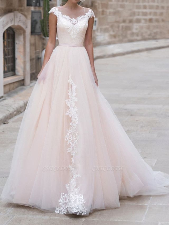 A-Line Wedding Dresses Jewel Neck Sweep \ Brush Train Lace Taffeta Chiffon Over Satin Short Sleeve Country Plus Size