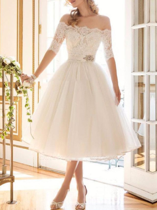 A-Line Wedding Dresses Off Shoulder Tea Length Lace Tulle Half Sleeve Vintage Sexy Wedding Dress in Color Backless