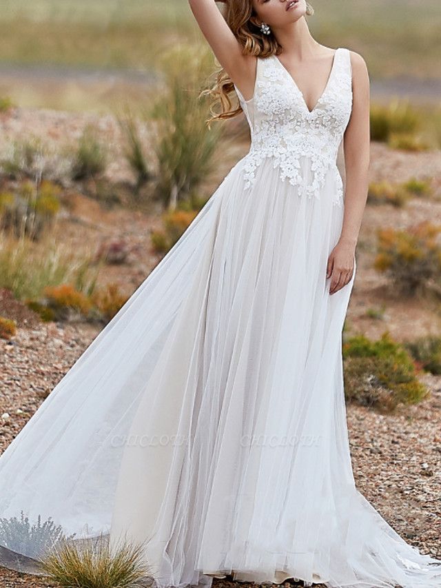 A-Line Wedding Dresses V Neck Sweep \ Brush Train Lace Tulle Sleeveless Vintage Sexy Wedding Dress in Color Backless