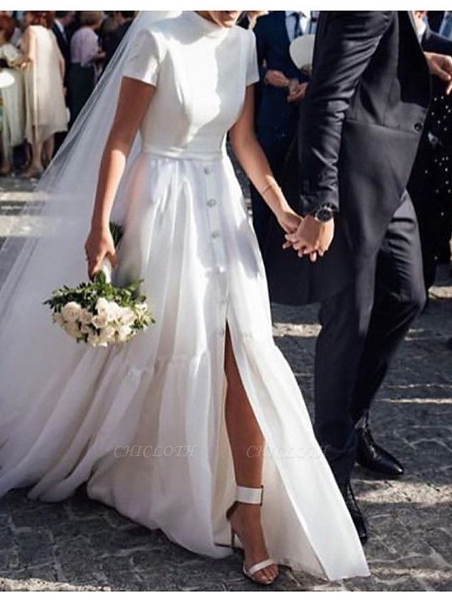 A-Line Wedding Dresses High Neck Sweep \ Brush Train Polyester Short Sleeve Formal Plus Size Modern