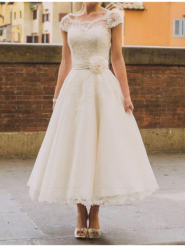 A-Line Wedding Dresses Jewel Neck Ankle Length Polyester Short Sleeve Vintage Plus Size