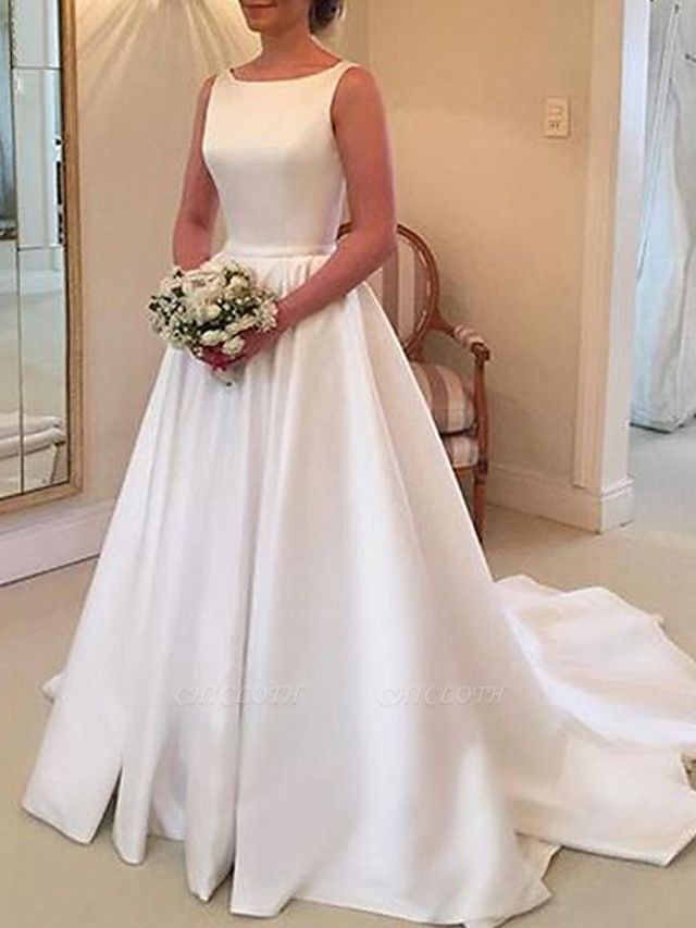 A-Line Wedding Dresses Jewel Neck Sweep \ Brush Train Stretch Satin Spaghetti Strap Simple Backless Elegant