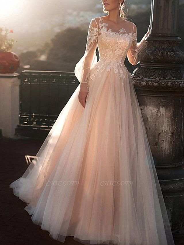 A-Line Wedding Dresses Jewel Neck Sweep \ Brush Train Lace Tulle Long Sleeve Sexy Wedding Dress in Color See-Through
