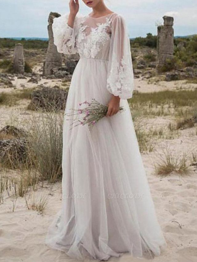 A-Line Wedding Dresses Jewel Neck Floor Length Lace Tulle Long Sleeve Beach Sexy See-Through