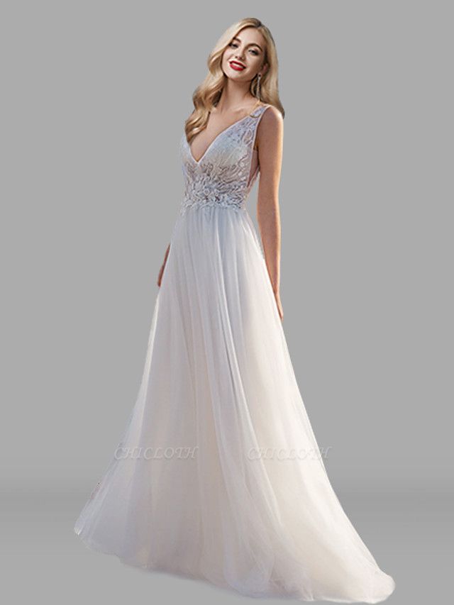 A-Line Wedding Dresses V Neck Floor Length Lace Tulle Sleeveless Beach Sexy See-Through Backless