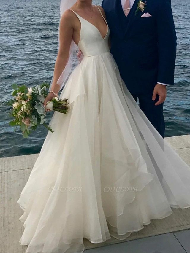 A-Line Wedding Dresses V Neck Floor Length Polyester Sleeveless Formal Plus Size
