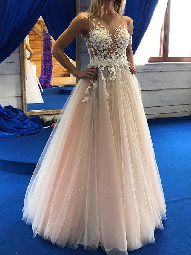 A-Line Wedding Dresses Jewel Neck Floor Length Lace Tulle Sleeveless Sexy Wedding Dress in Color See-Through