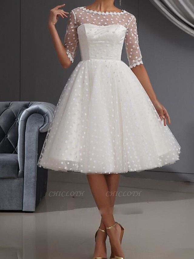 A-Line Wedding Dresses Jewel Neck Knee Length Lace Tulle Half Sleeve Vintage Little White Dress 1950s
