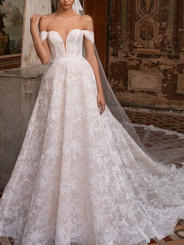 A-Line Wedding Dresses Off Shoulder Sweep \ Brush Train Lace Short Sleeve Plus Size