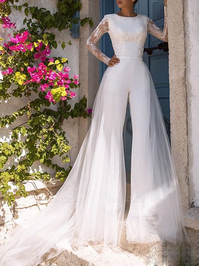 Jumpsuits Wedding Dresses Jewel Neck Court Train Lace Tulle Polyester Long Sleeve Illusion Sleeve