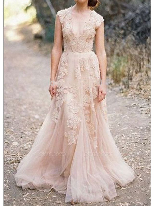 A-Line V Neck Sweep \ Brush Train Lace Sleeveless Formal Wedding Dress in Color Wedding Dresses